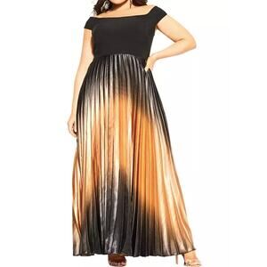 City Chic Dress Women's Plus Size 16 Black Brown Pleated Passion Ombre Maxi